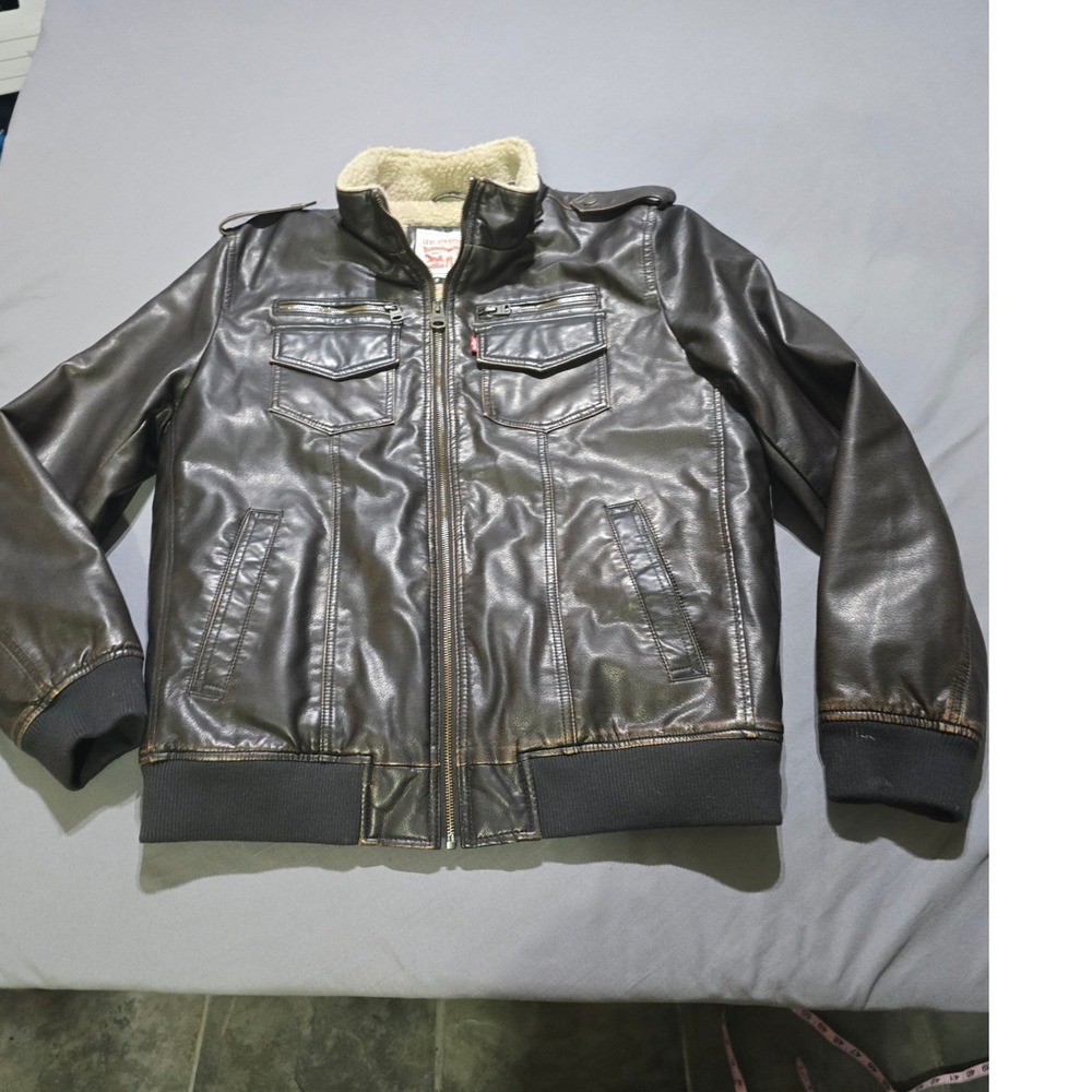 Levi Strauss Faux Leather Bomber Jacket Mens Large Brown Sherpa Lined